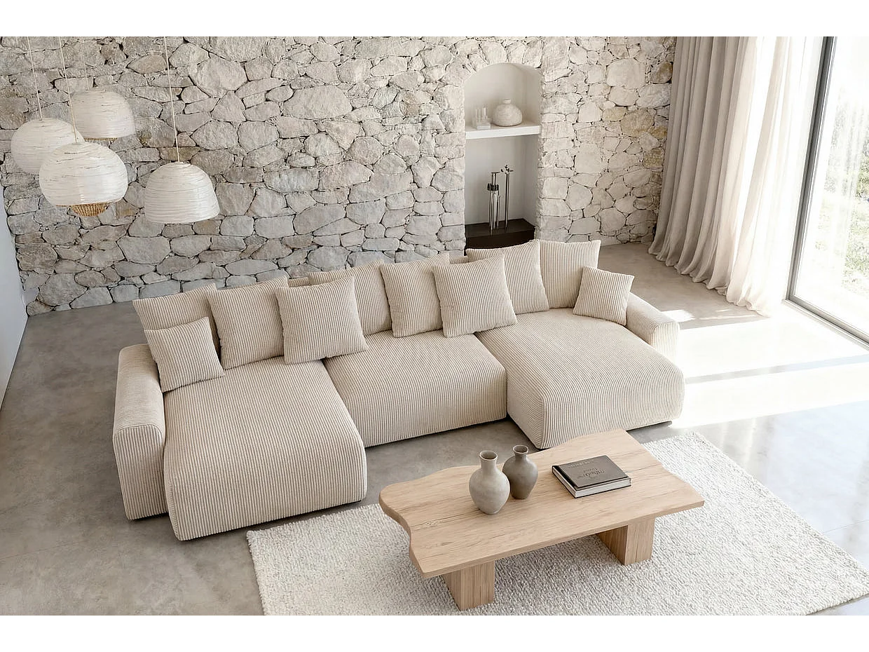 OLI - Canapé panoramique convertible petit velours côtelé Beige