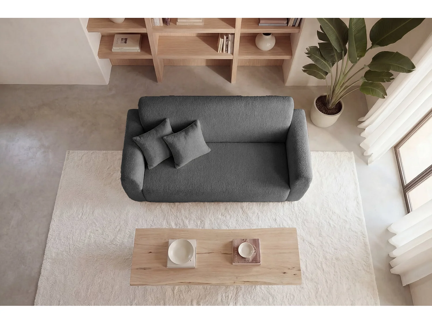 GINA - Canapé droit convertible tissu bouclette 2 places Gris foncé