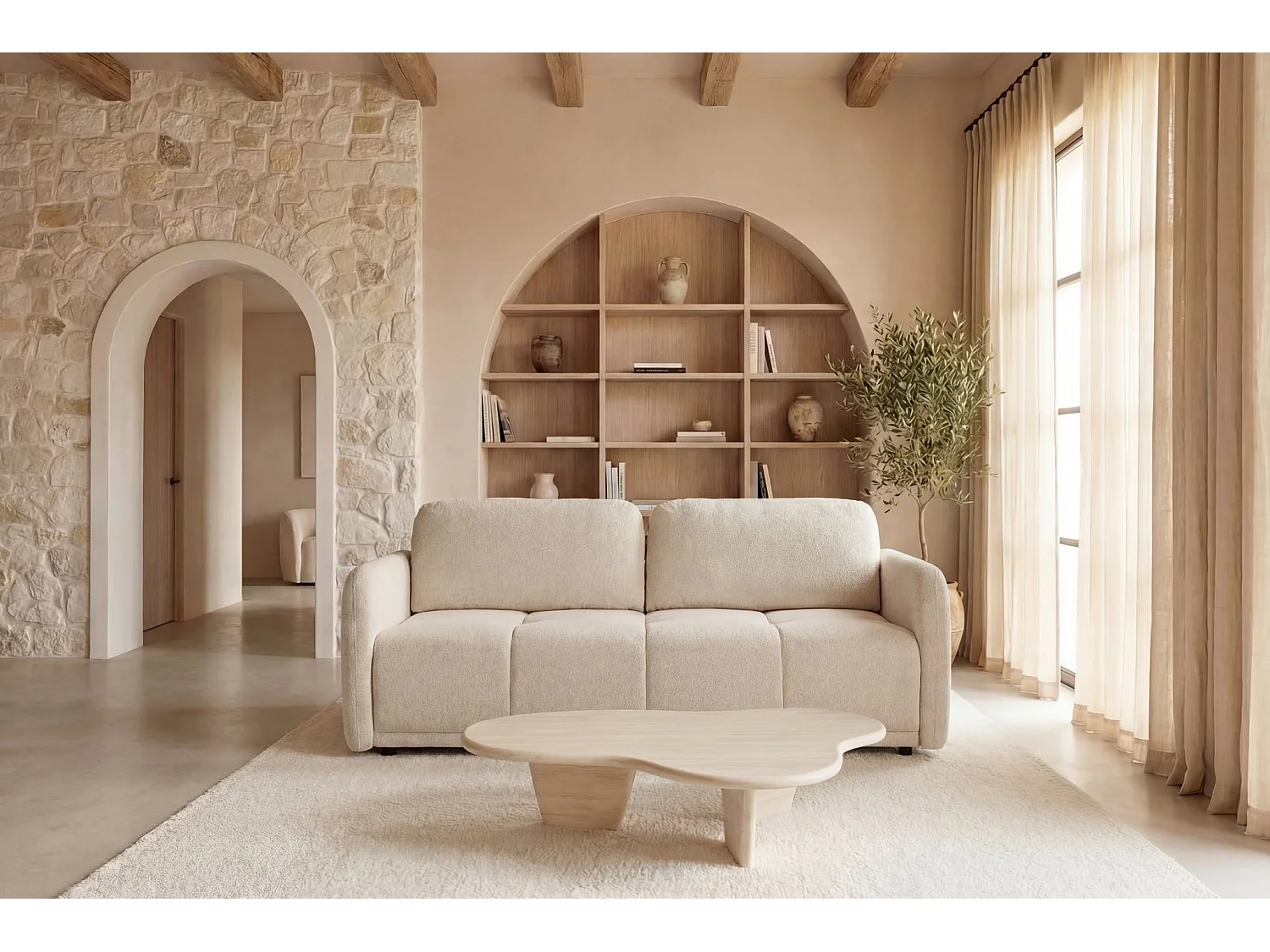 DANA - Canapé droit convertible tissu lisse 3 places Beige