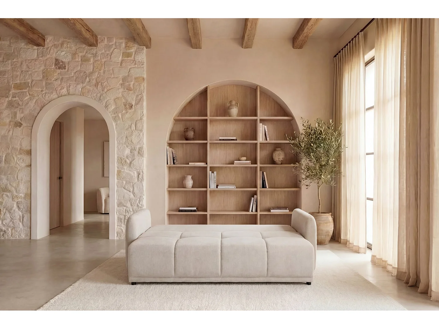 DANA - Canapé droit convertible tissu lisse 3 places Beige