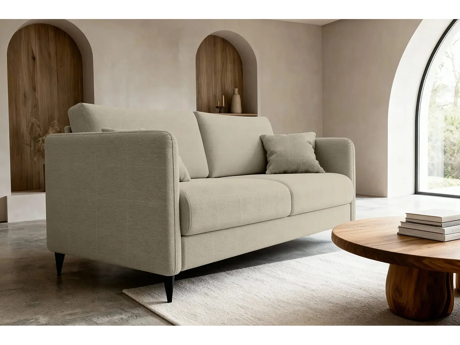 VICKY II - Canapé droit convertible tissu lisse 2 places Café