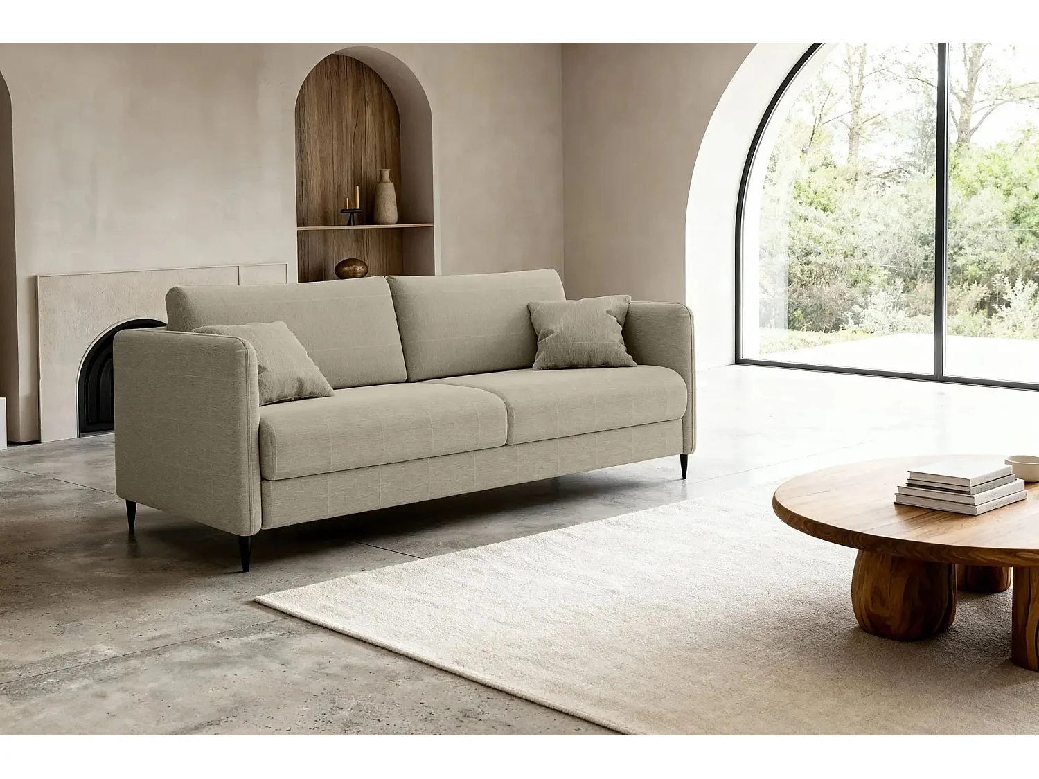 VICKY II - Canapé droit convertible tissu lisse 2 places Café