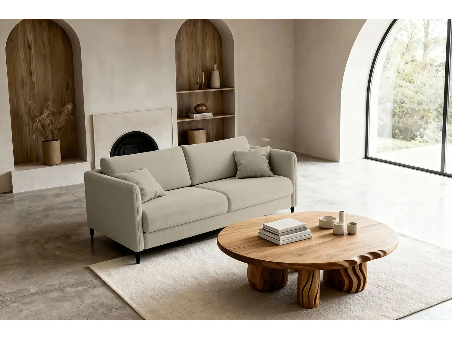 VICKY II - Canapé droit convertible tissu lisse 2 places Café