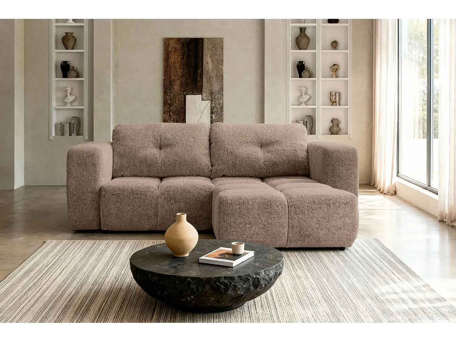 ROMY MINI - Canapé d'angle convertible tissu chenille 2 places Café