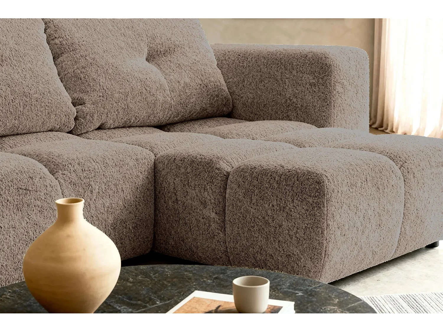 ROMY MINI - Canapé d'angle convertible tissu chenille 2 places Café