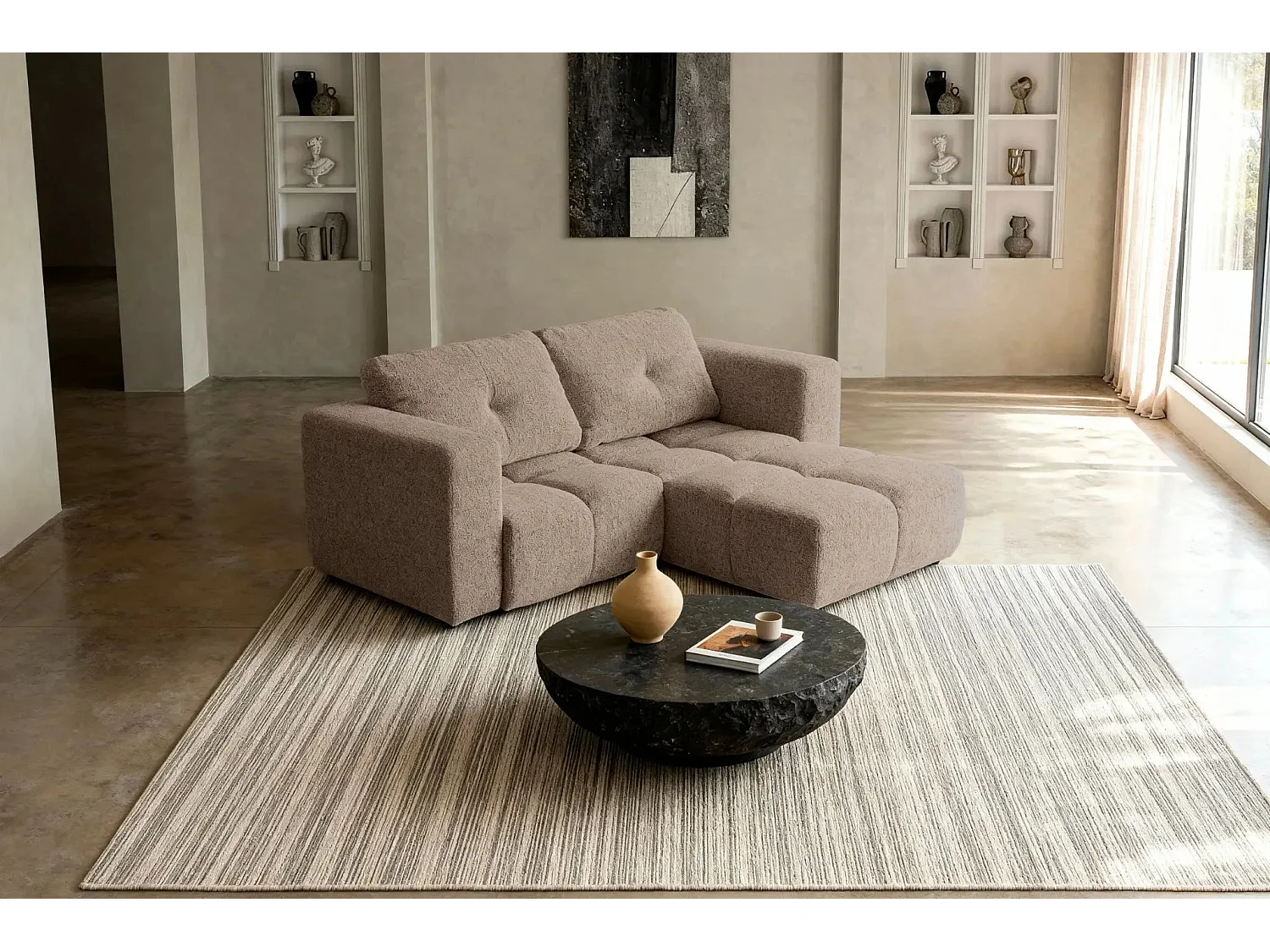 ROMY MINI - Canapé d'angle convertible tissu chenille 2 places Café