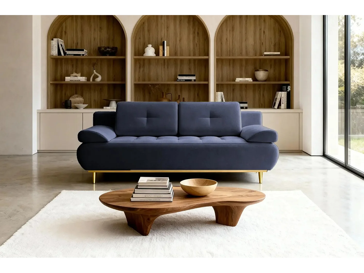 AMARO - Canapé droit convertible tissu velours 2 places Bleu