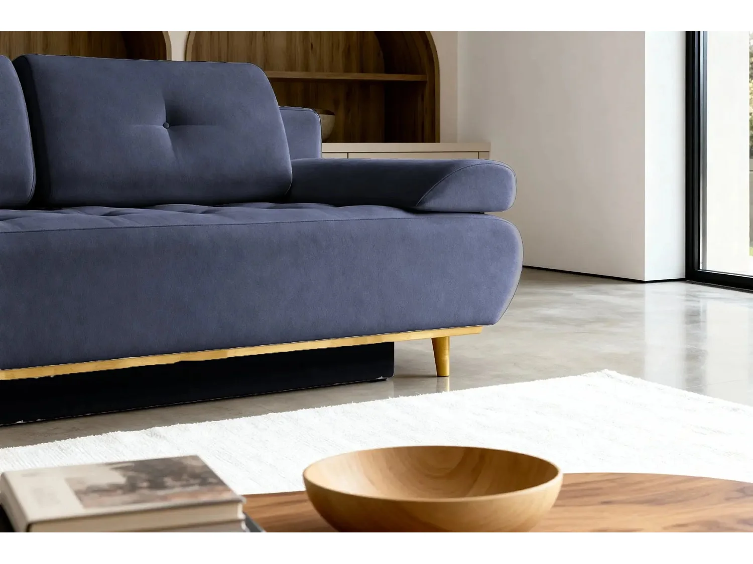 AMARO - Canapé droit convertible tissu velours 2 places Bleu