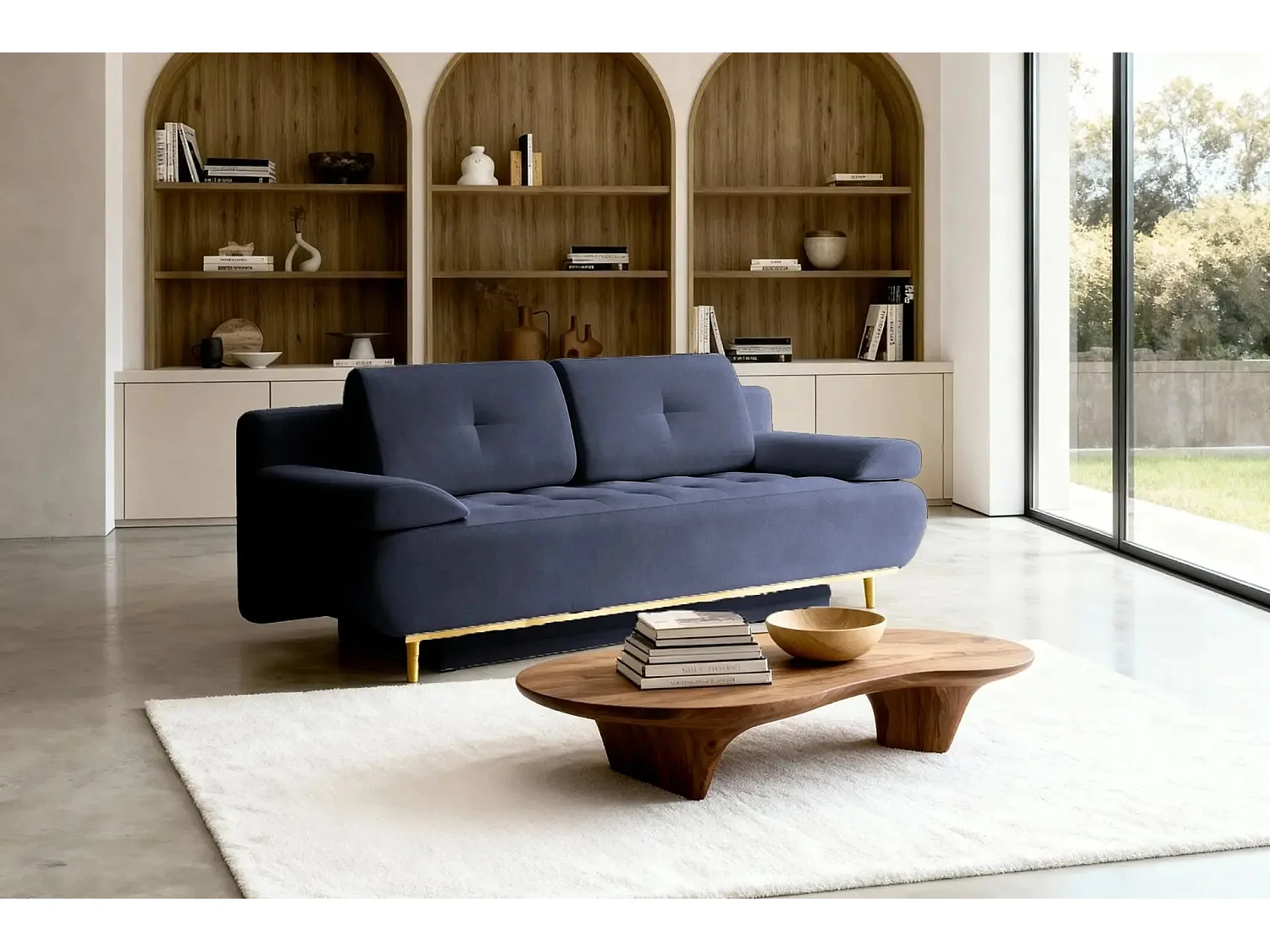 AMARO - Canapé droit convertible tissu velours 2 places Bleu