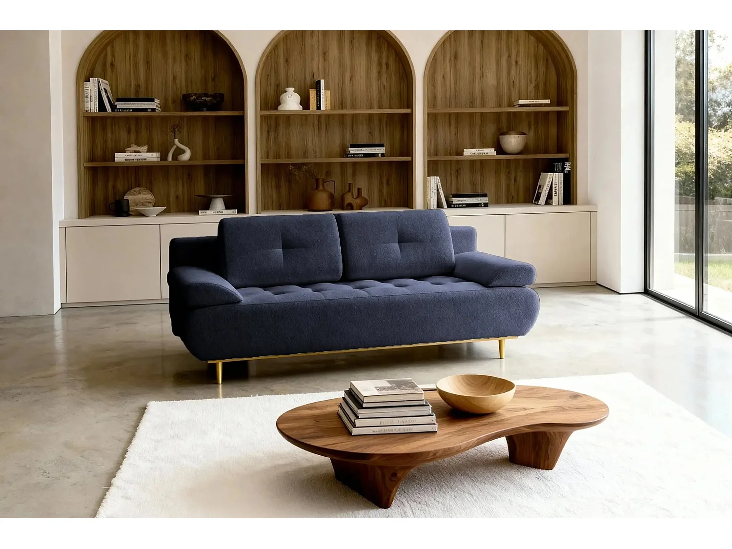 AMARO - Canapé droit convertible tissu velours 2 places Bleu