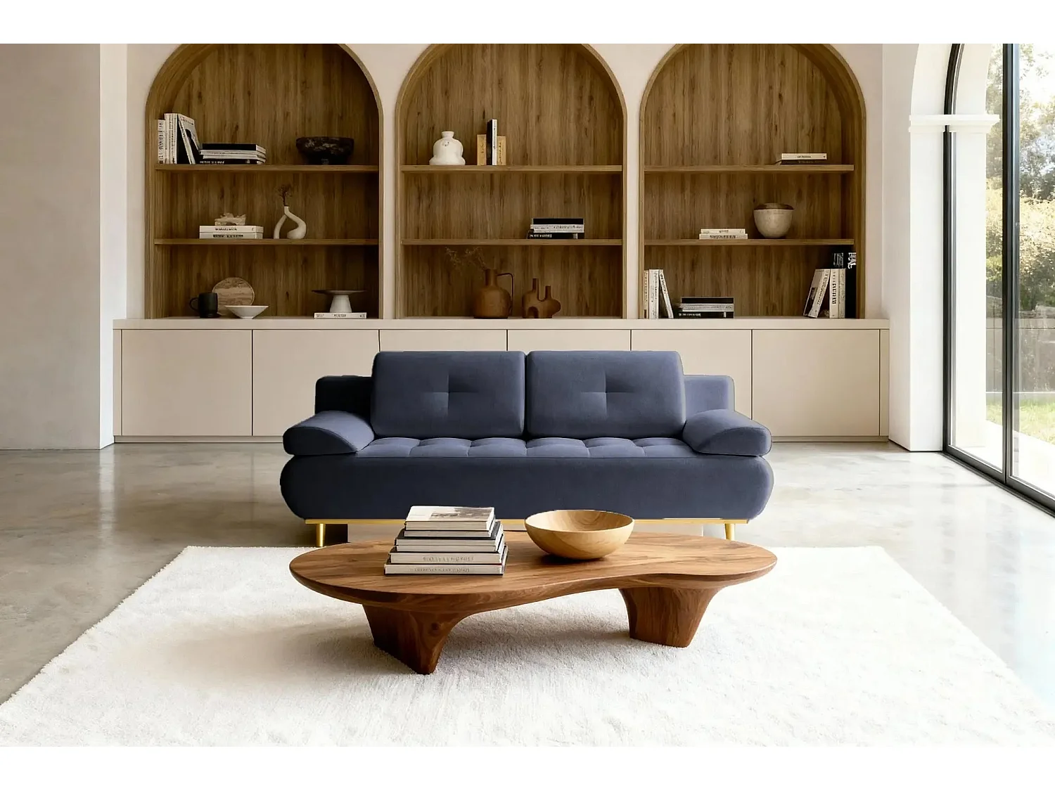 AMARO - Canapé droit convertible tissu velours 2 places Bleu