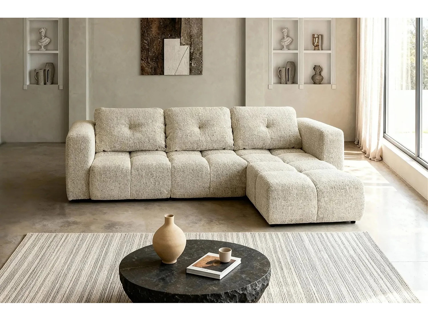 ROMY - Canapé d'angle convertible tissu chenille 4 places Beige