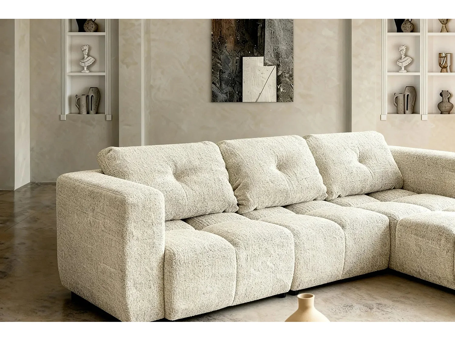ROMY - Canapé d'angle convertible tissu chenille 4 places Beige