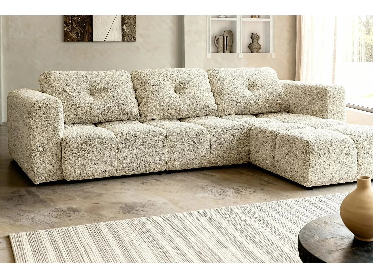 ROMY - Canapé d'angle convertible tissu chenille 4 places Beige