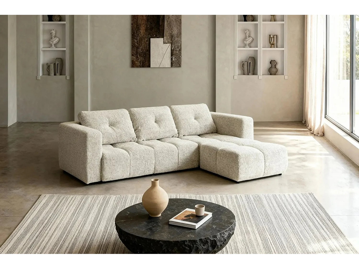 ROMY - Canapé d'angle convertible tissu chenille 4 places Beige