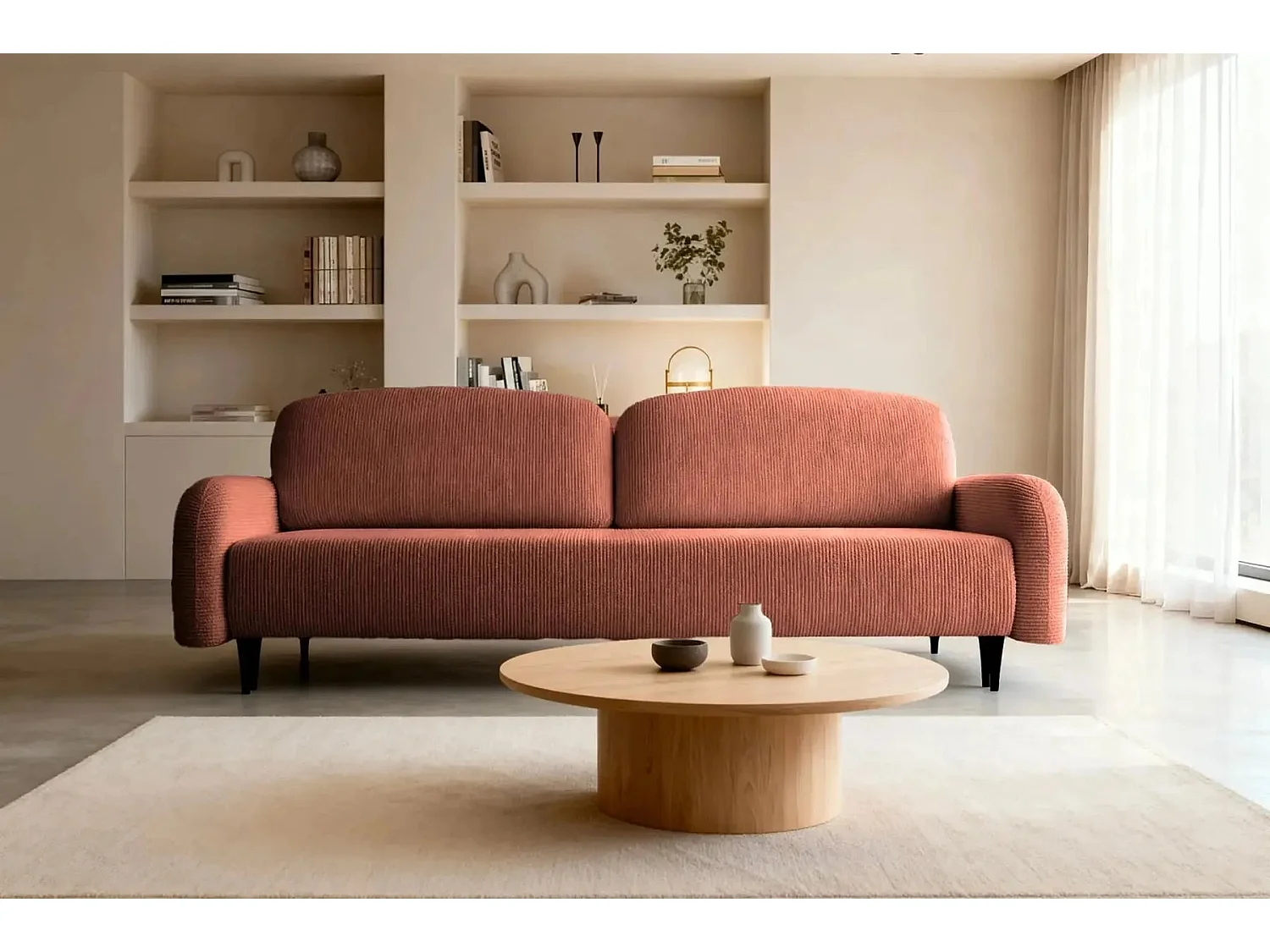 ROXANE - Canapé droit convertible tissu bouclette 2 places Terracotta