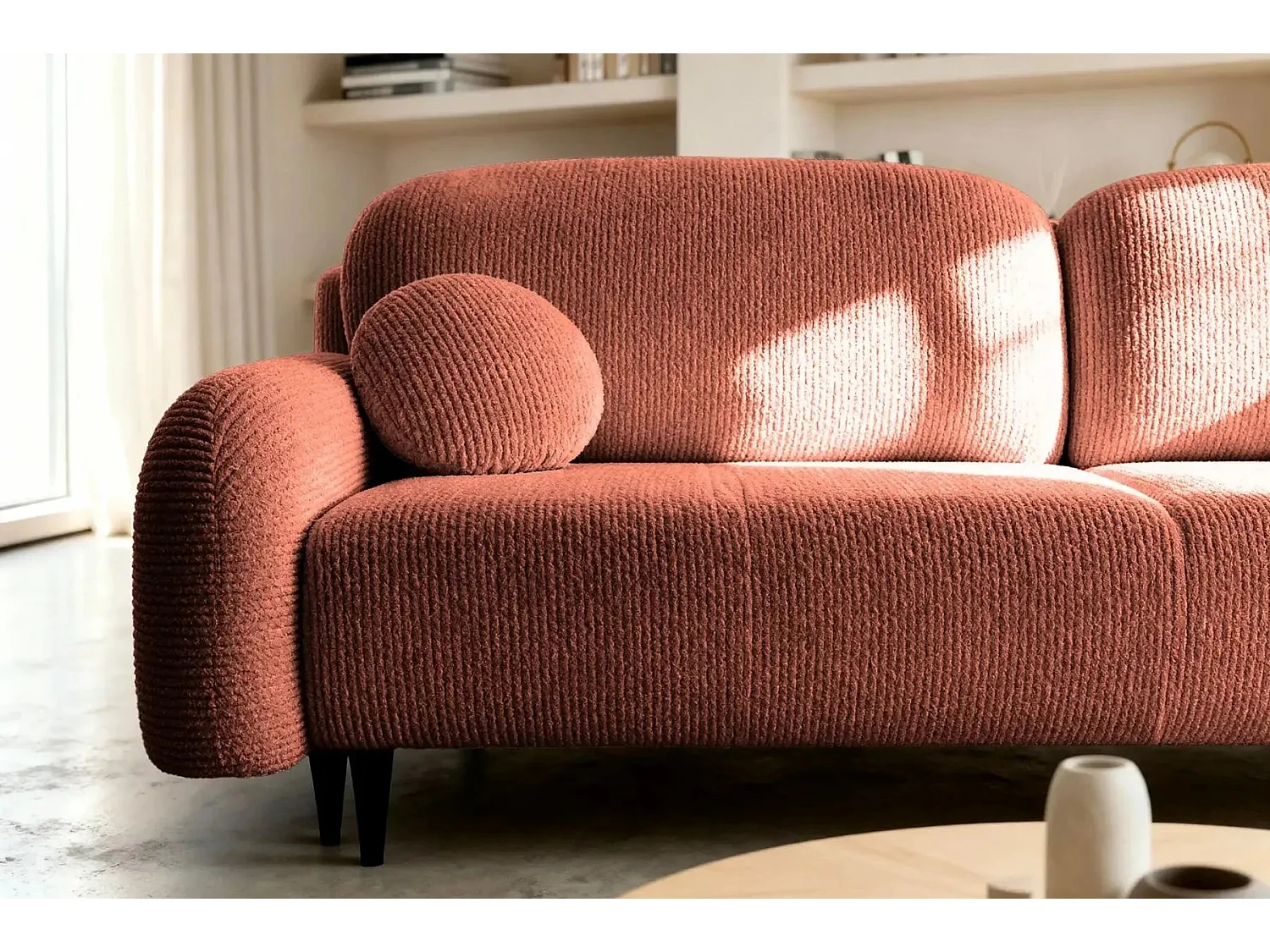 ROXANE - Canapé droit convertible tissu bouclette 2 places Terracotta