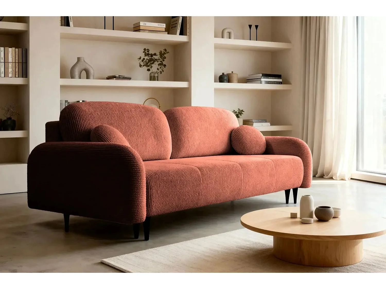 ROXANE - Canapé droit convertible tissu bouclette 2 places Terracotta