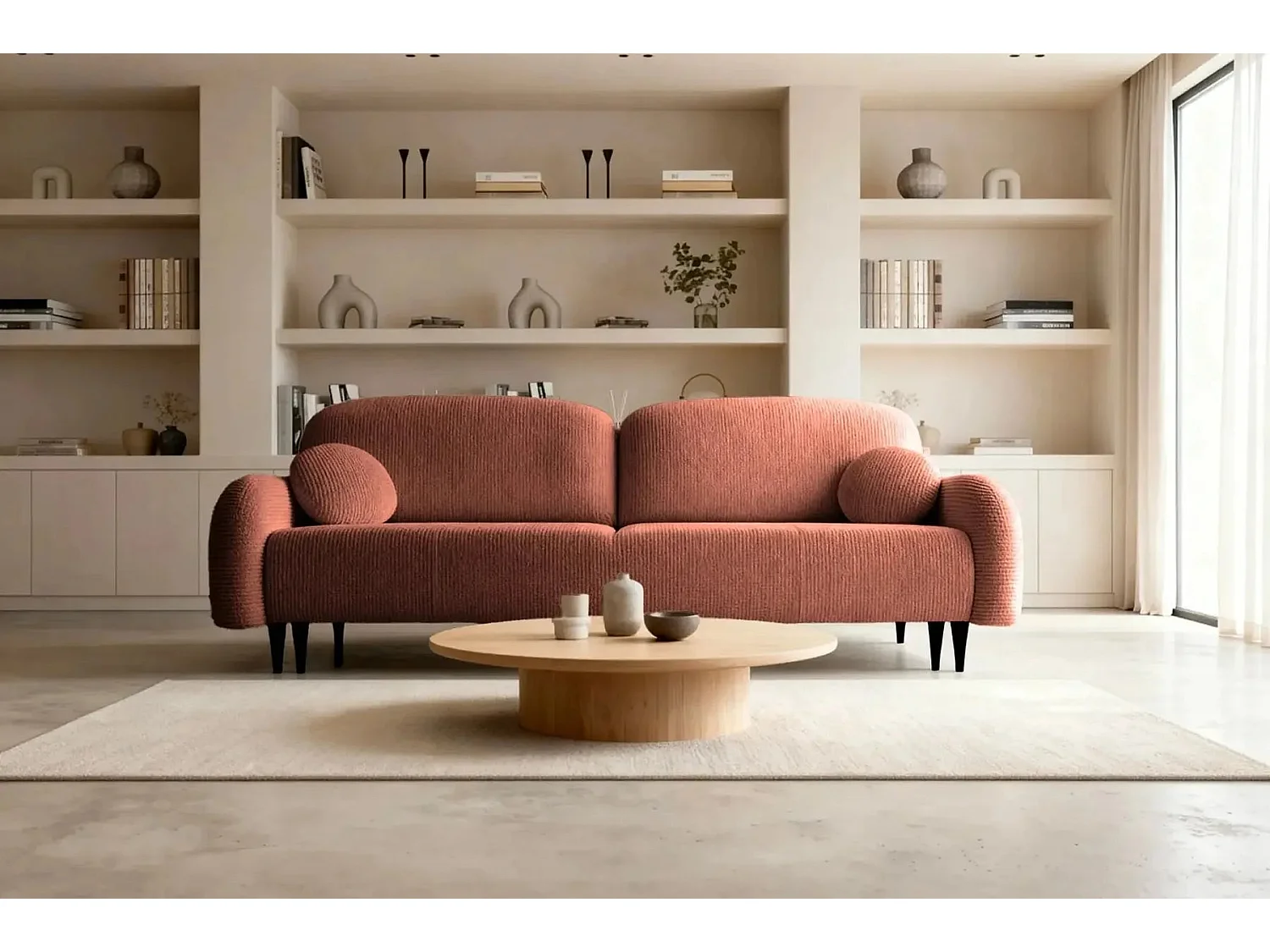 ROXANE - Canapé droit convertible tissu bouclette 2 places Terracotta