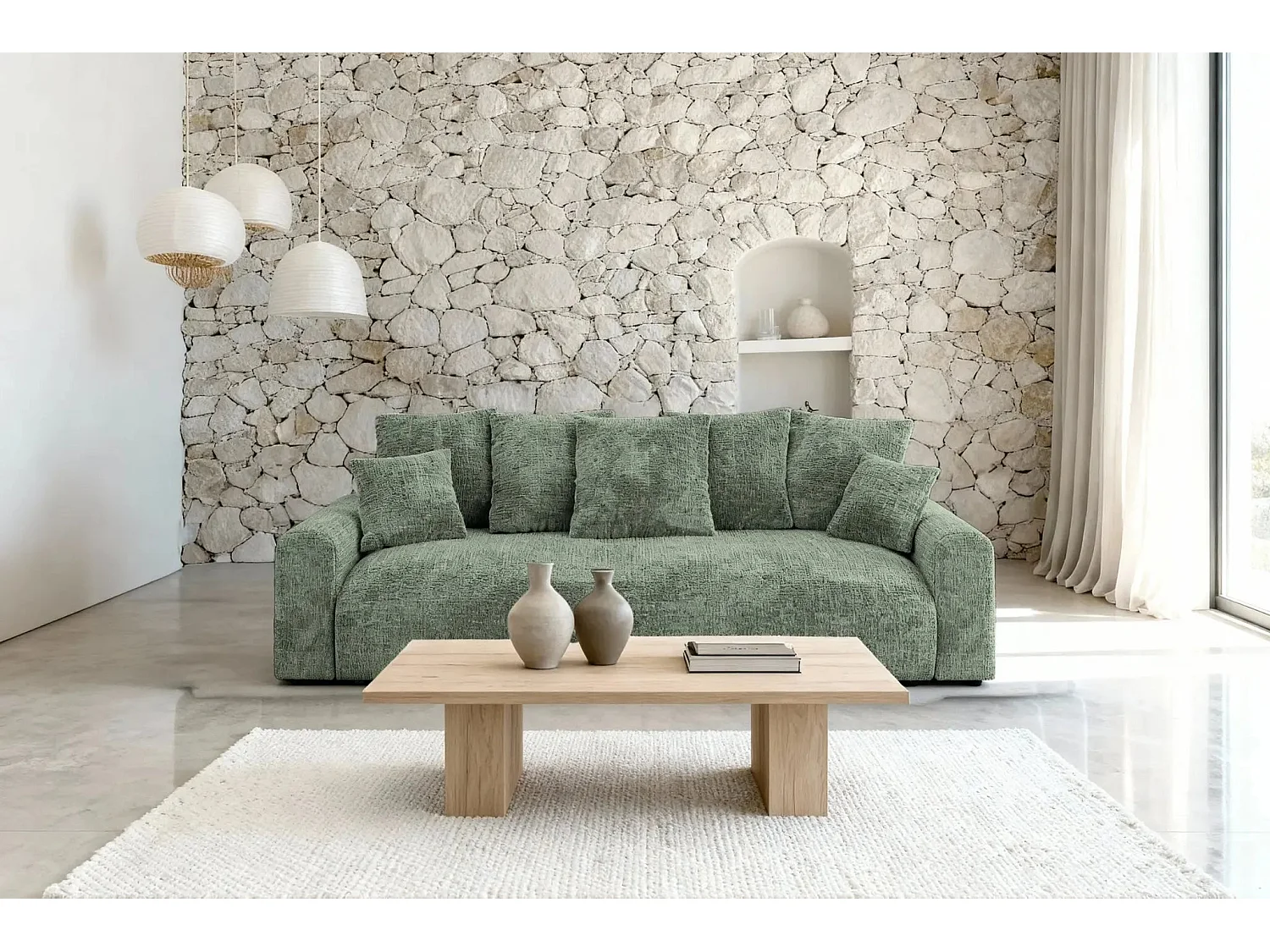 OLI - Canapé droit convertible tissu chenille 3 places Vert