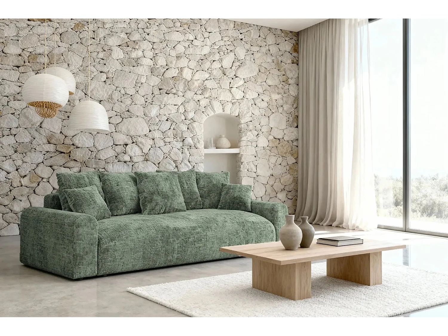 OLI - Canapé droit convertible tissu chenille 3 places Vert