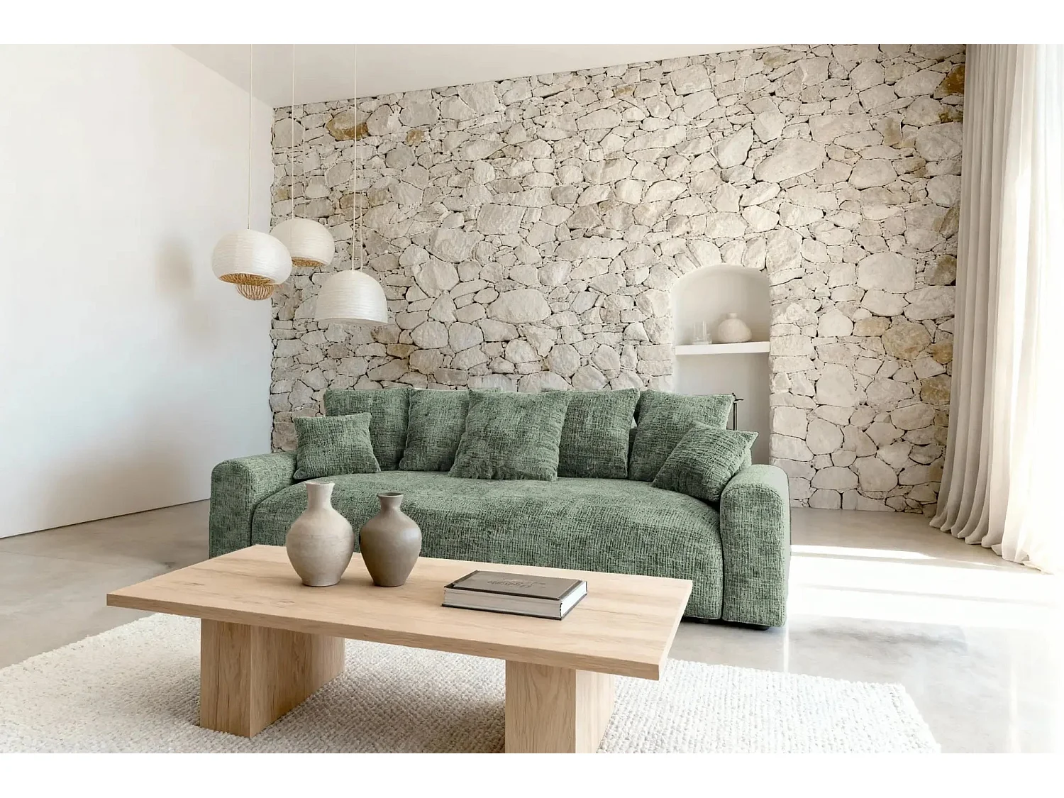 OLI - Canapé droit convertible tissu chenille 3 places Vert