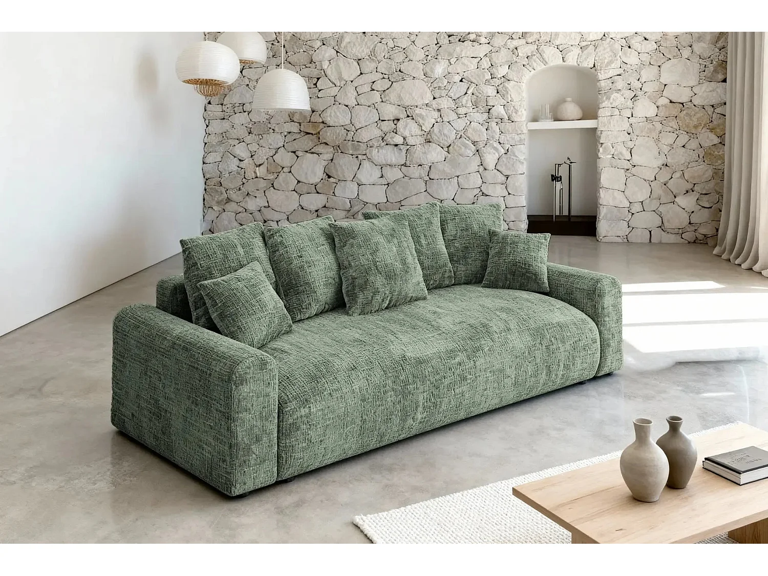OLI - Canapé droit convertible tissu chenille 3 places Vert