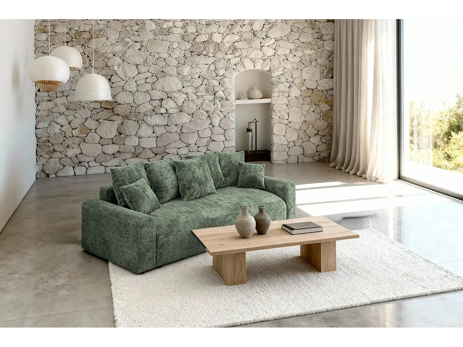 OLI - Canapé droit convertible tissu chenille 3 places Vert