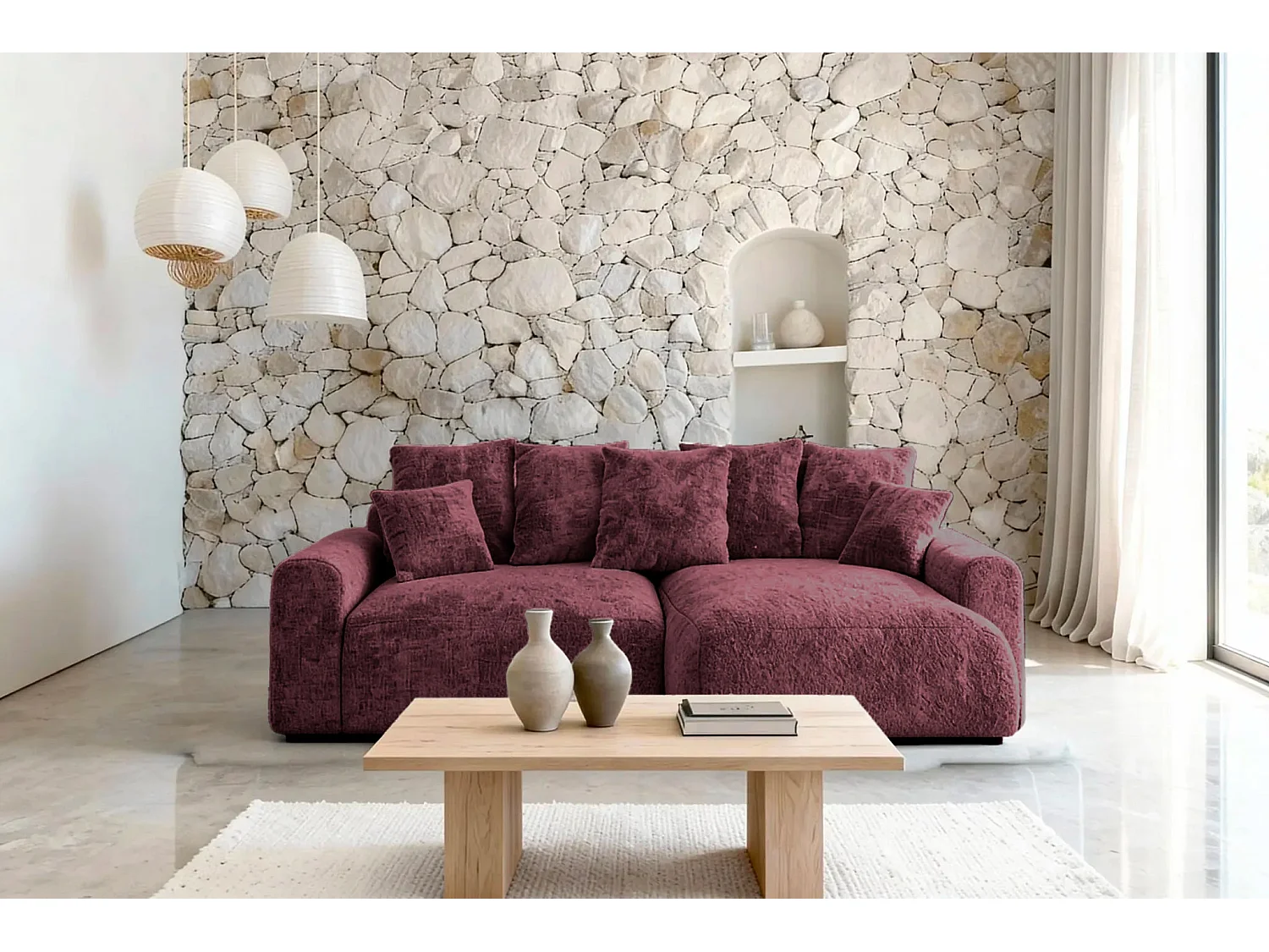 OLI - 4-zits hoekbank in chenille stof - Bordeaux