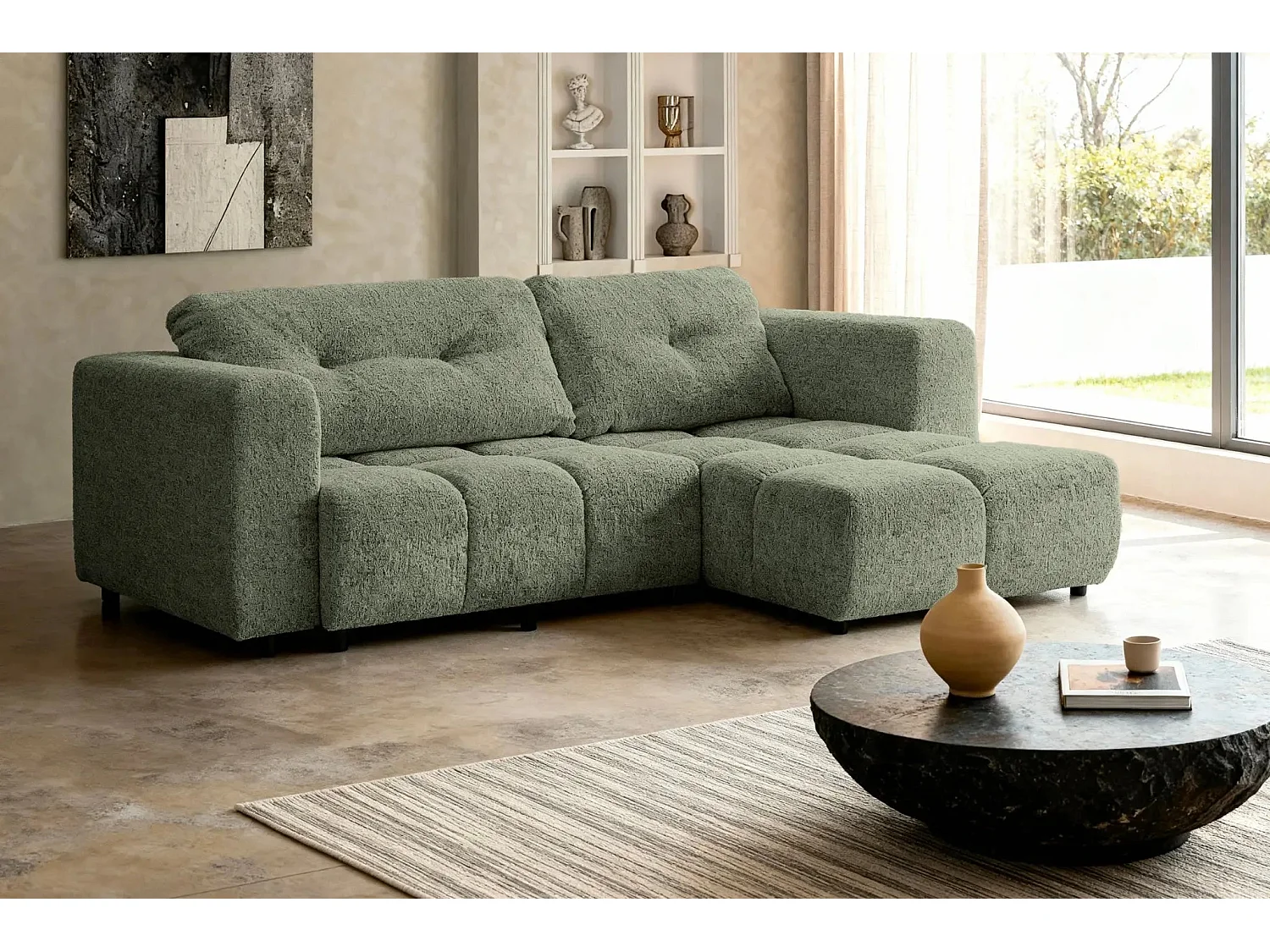 ROMY - Canapé d'angle convertible tissu chenille 3 places Vert