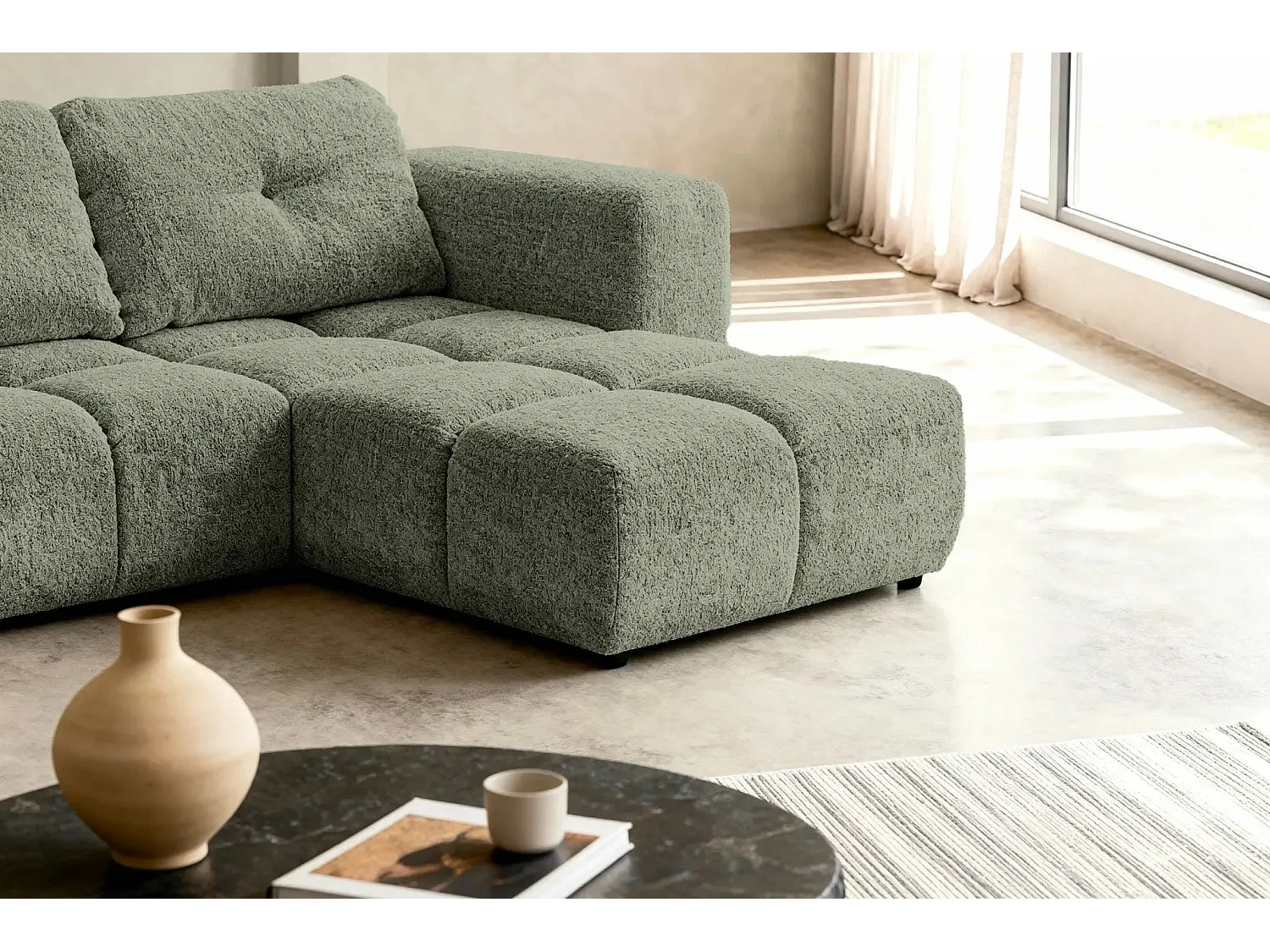 ROMY - Canapé d'angle convertible tissu chenille 3 places Vert