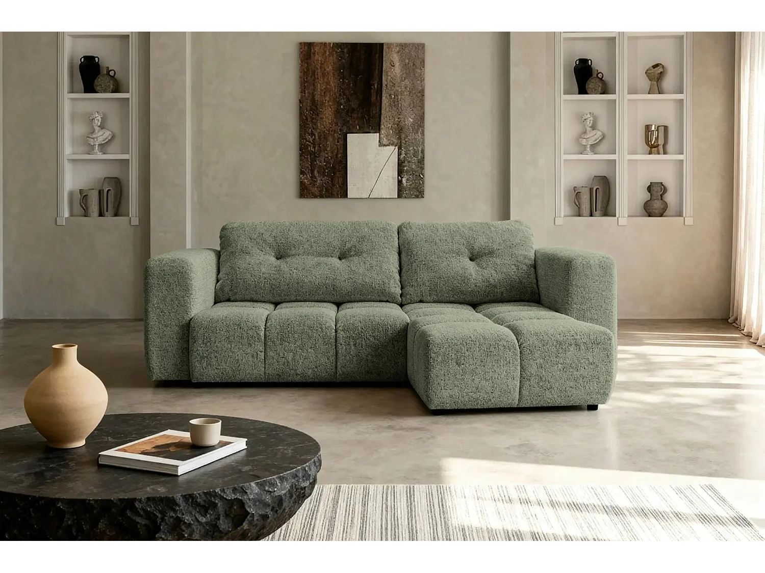 ROMY - Canapé d'angle convertible tissu chenille 3 places Vert