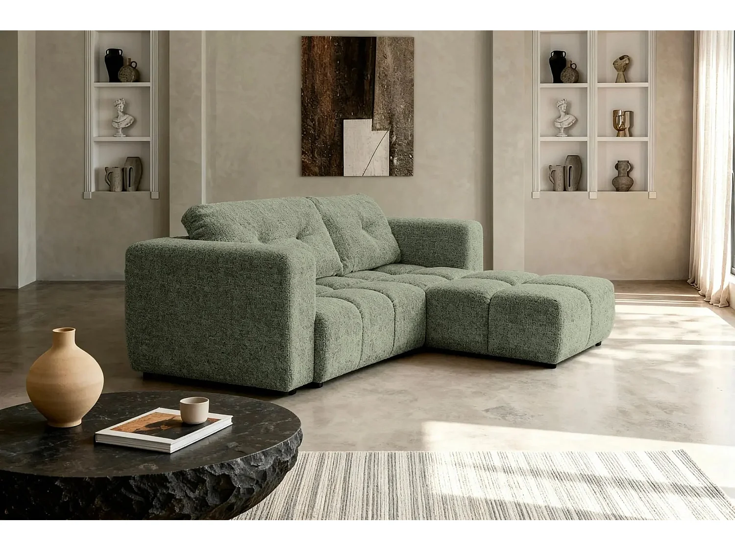 ROMY - Canapé d'angle convertible tissu chenille 3 places Vert