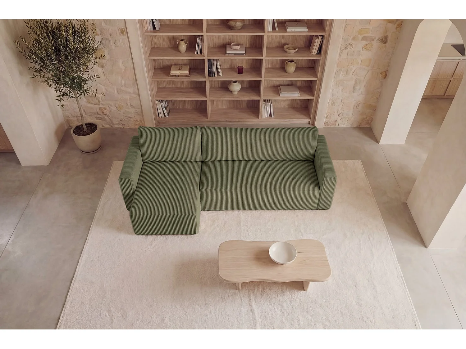 MAURIE - Canapé d'angle convertible petit velours côtelé 4 places - Vert