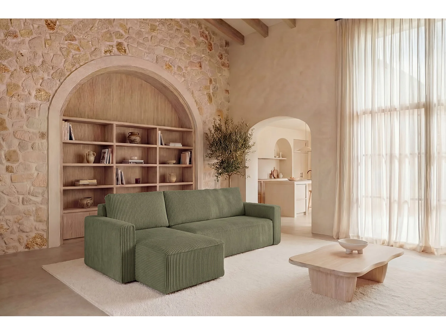 MAURIE - Canapé d'angle convertible petit velours côtelé 4 places - Vert