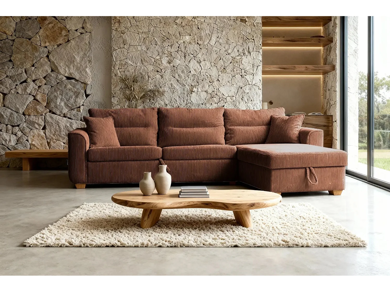 LOULOU - 3-zits ribfluwelen slaapbank - Terracotta