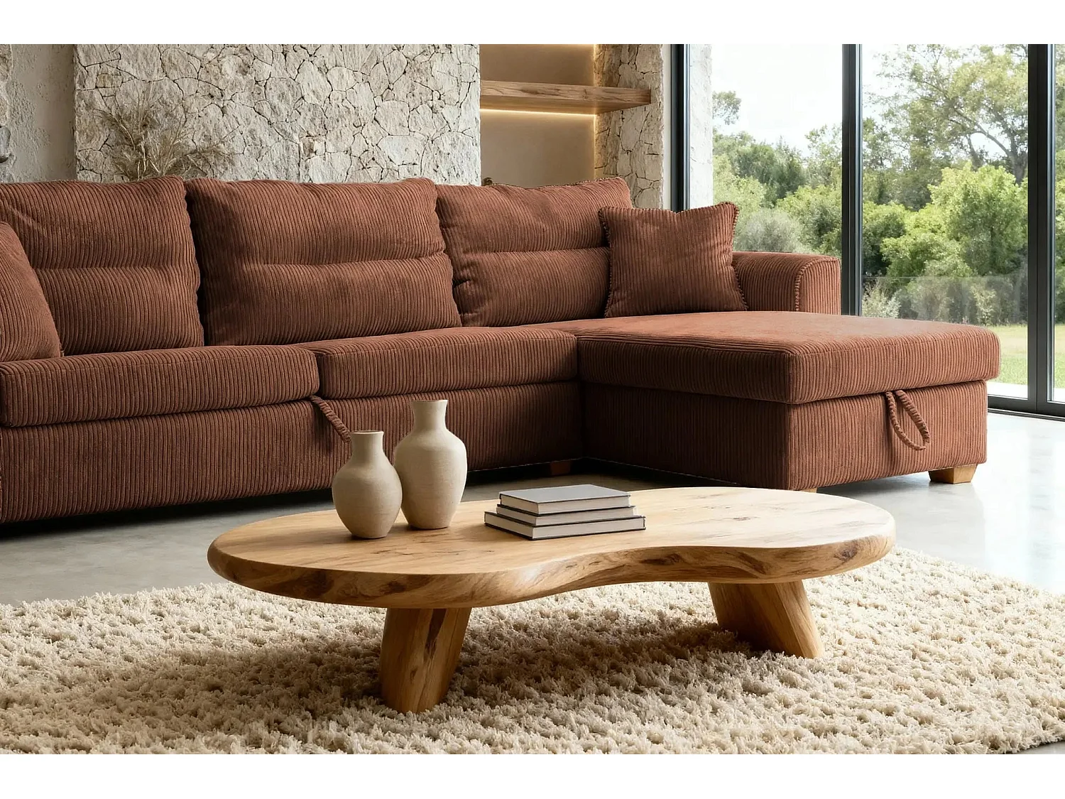 LOULOU - 3-zits ribfluwelen slaapbank - Terracotta