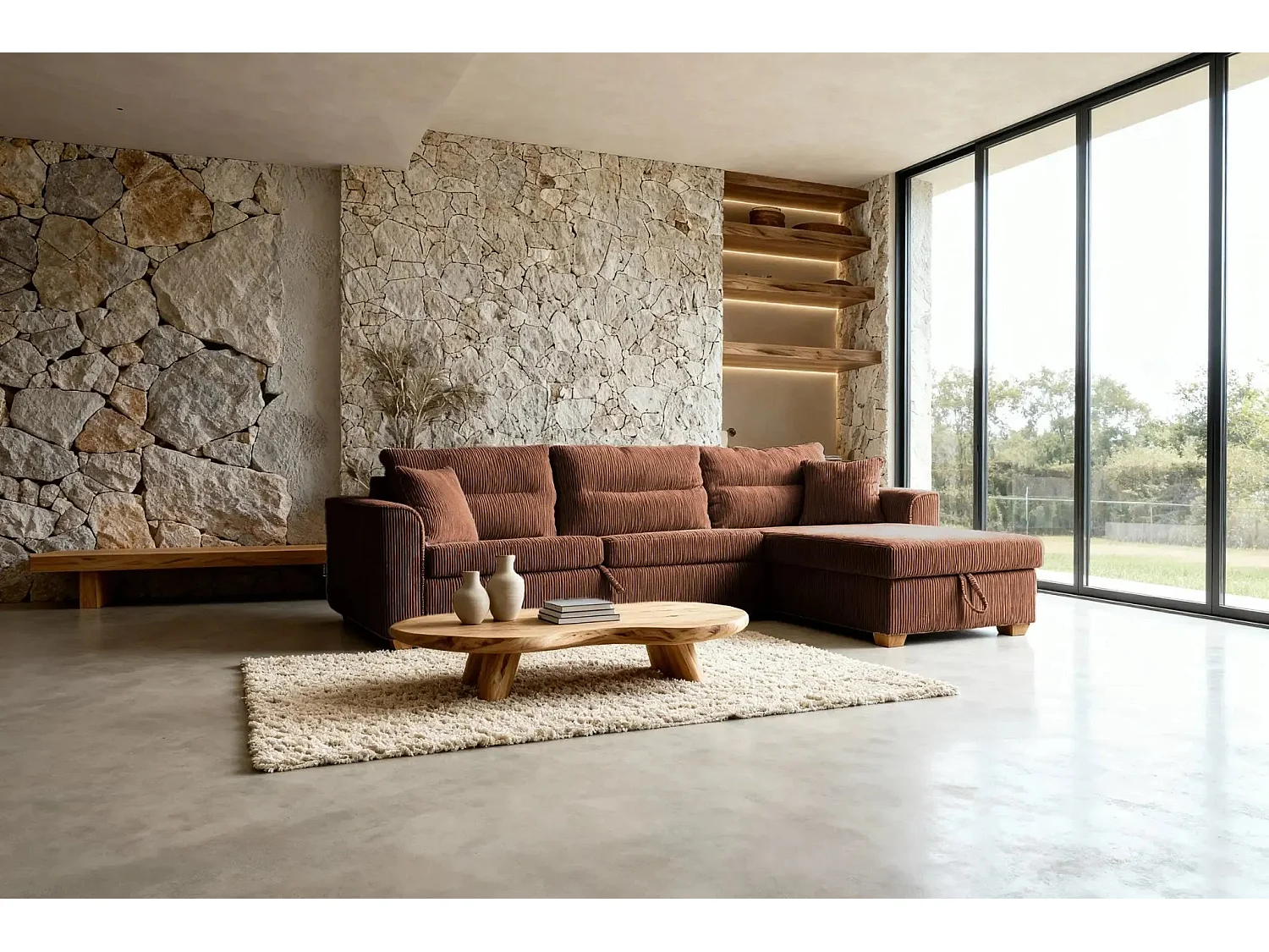 LOULOU - 3-zits ribfluwelen slaapbank - Terracotta