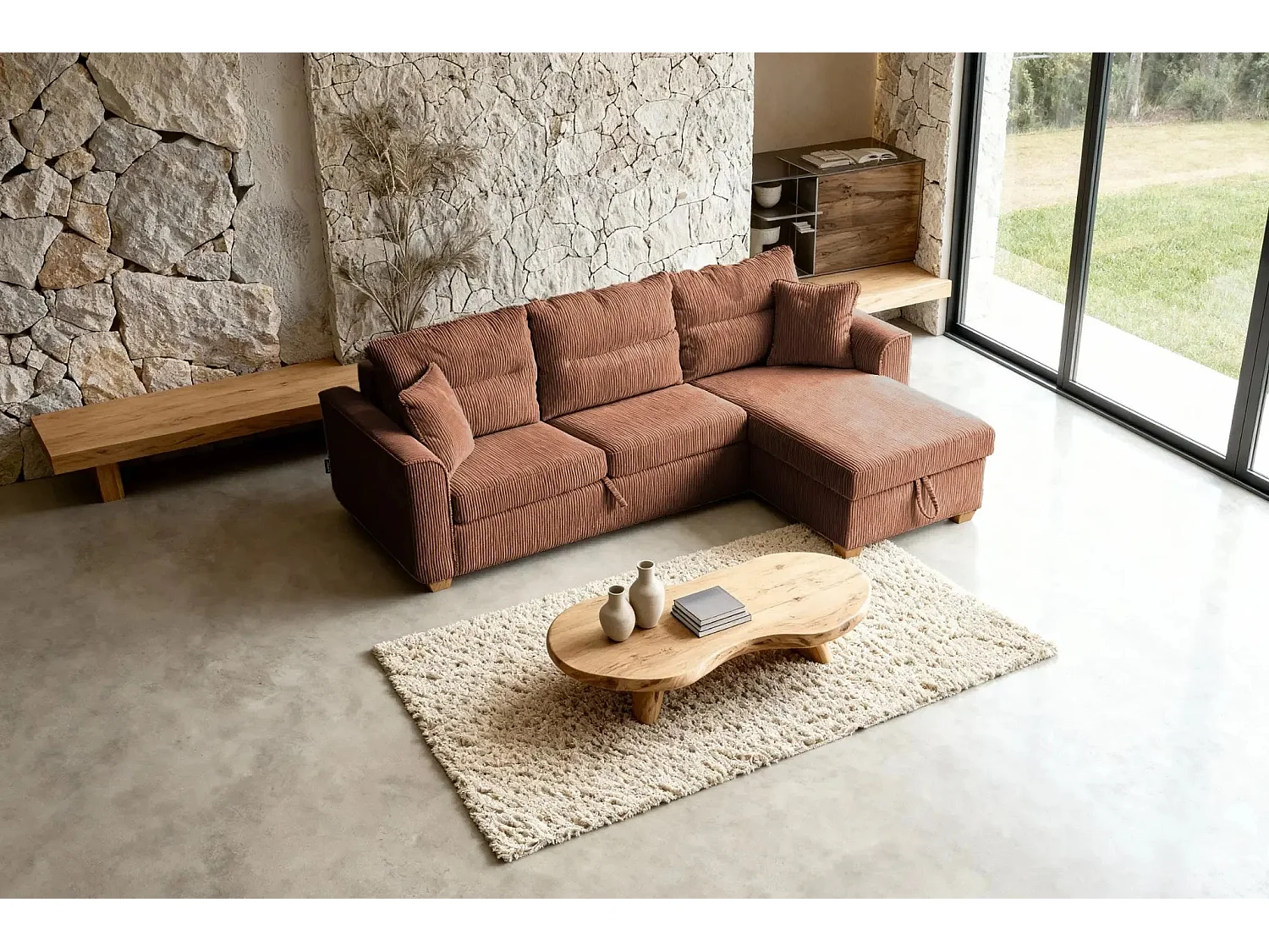 LOULOU - 3-zits ribfluwelen slaapbank - Terracotta