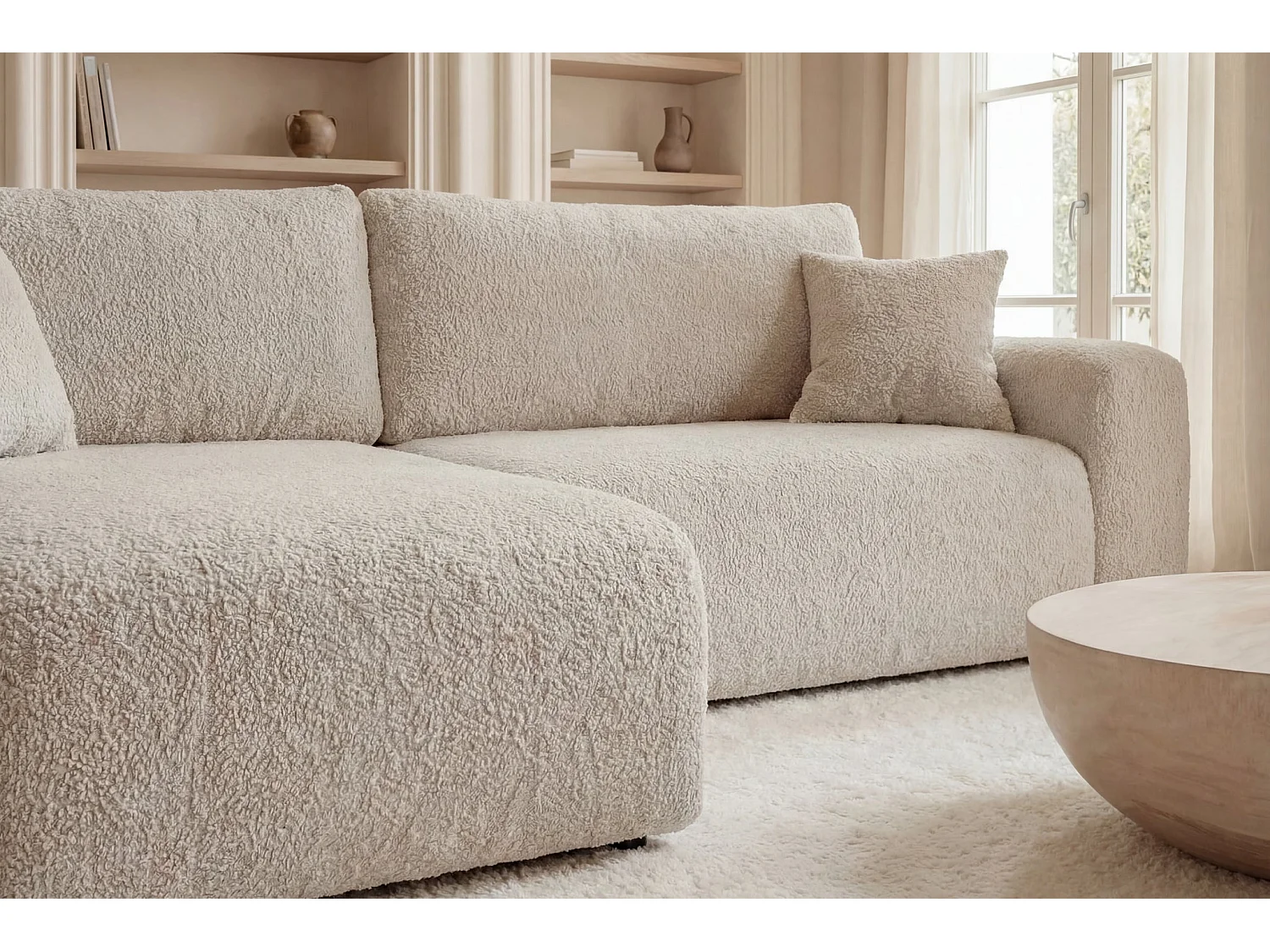 JELLA XL - Canapé d'angle convertible tissu bouclette Beige