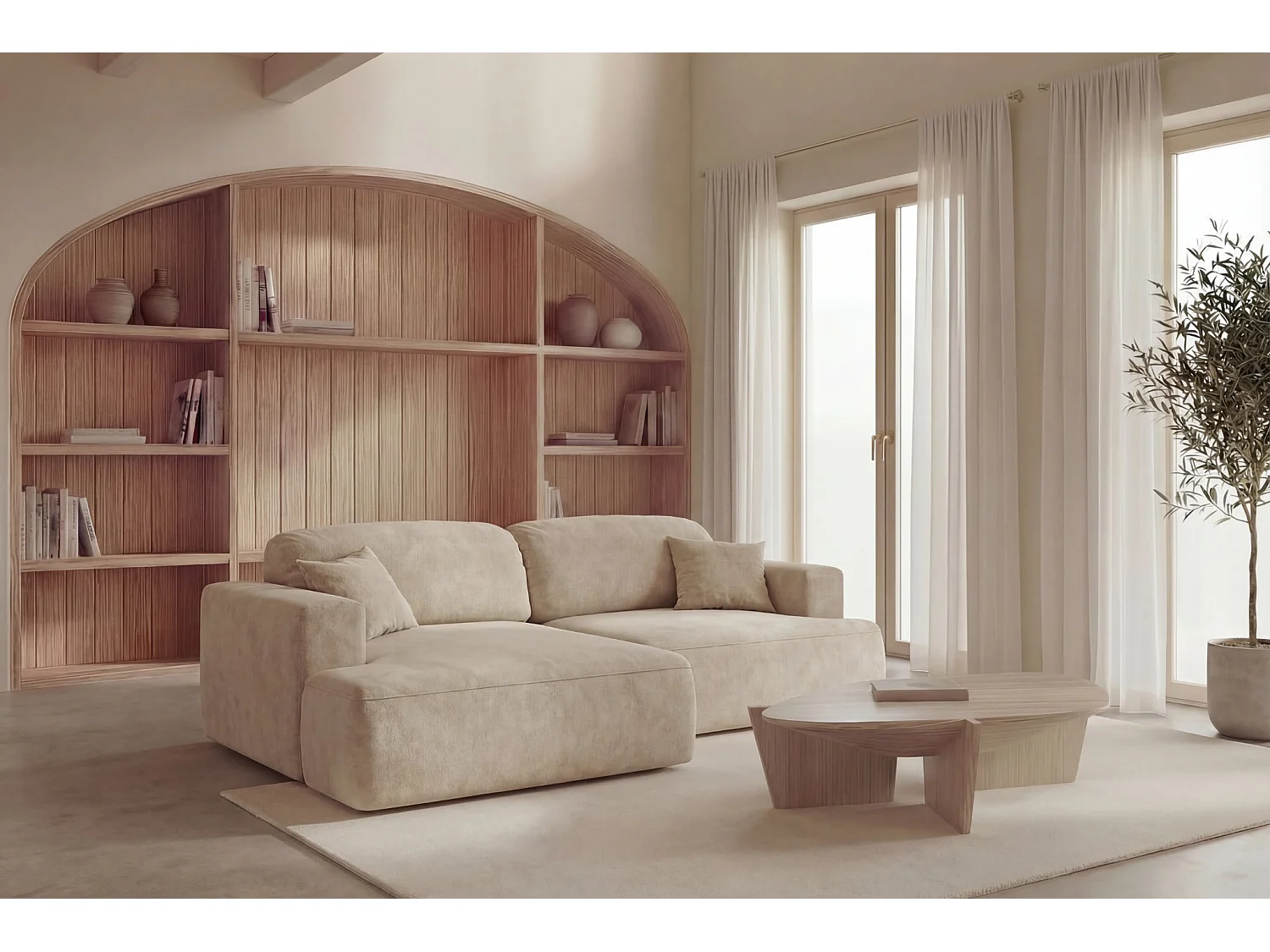 CHIARA - Canapé d'angle convertible tissu velours 4 places - Beige
