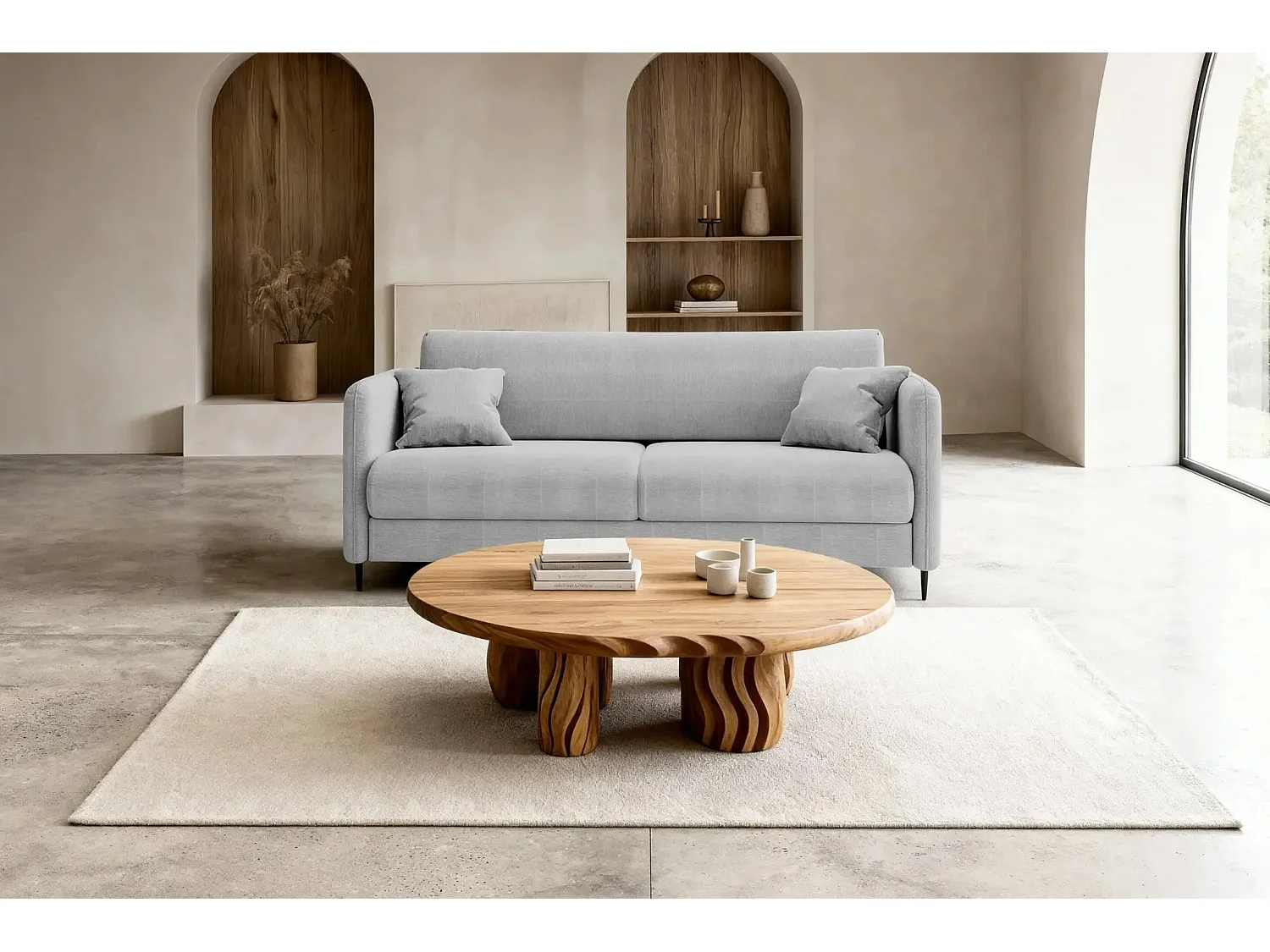 VICKY - Canapé droit convertible tissu lisse 2 places Gris clair