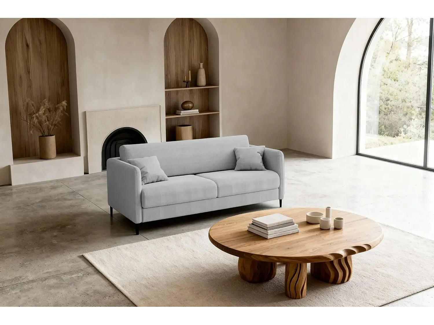 VICKY - Canapé droit convertible tissu lisse 2 places Gris clair
