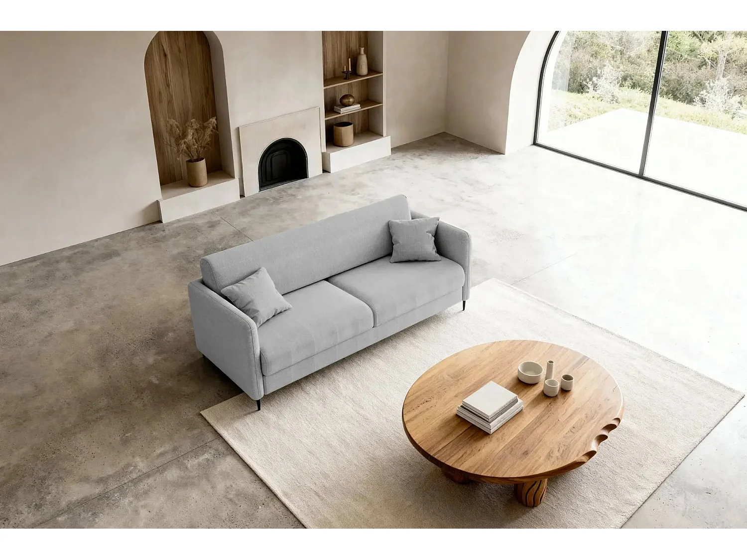 VICKY - Canapé droit convertible tissu lisse 2 places Gris clair