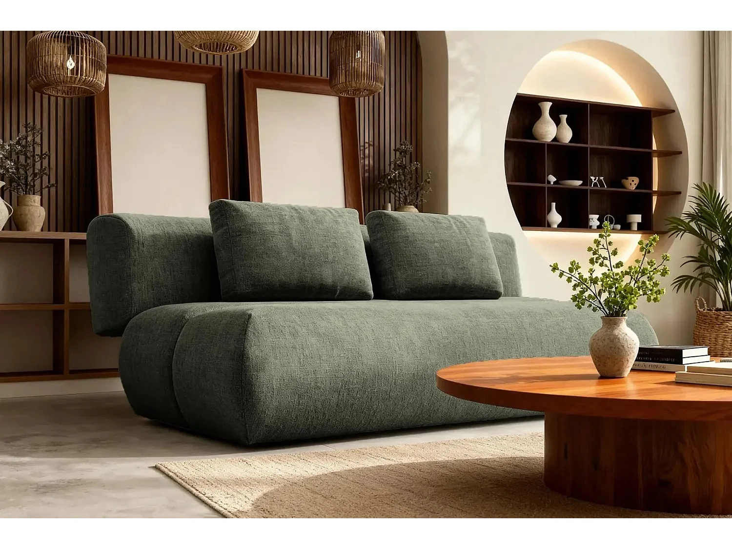 TINA - Canapé droit convertible tissu chiné 2 places Vert