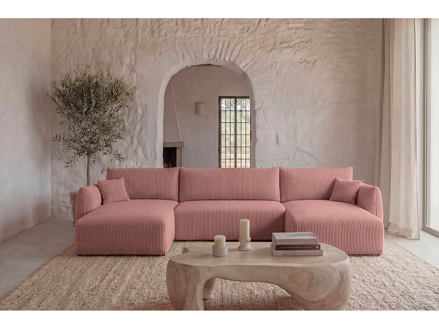 ELIO - 5-zits panoramische slaapbank in ribfluweel - Roze