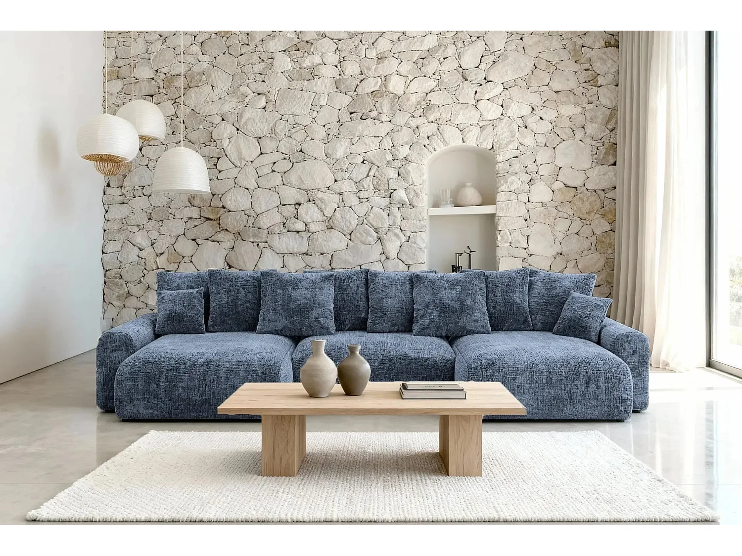 OLI - 5-zits panoramische slaapbank in chenille stof - Blauw