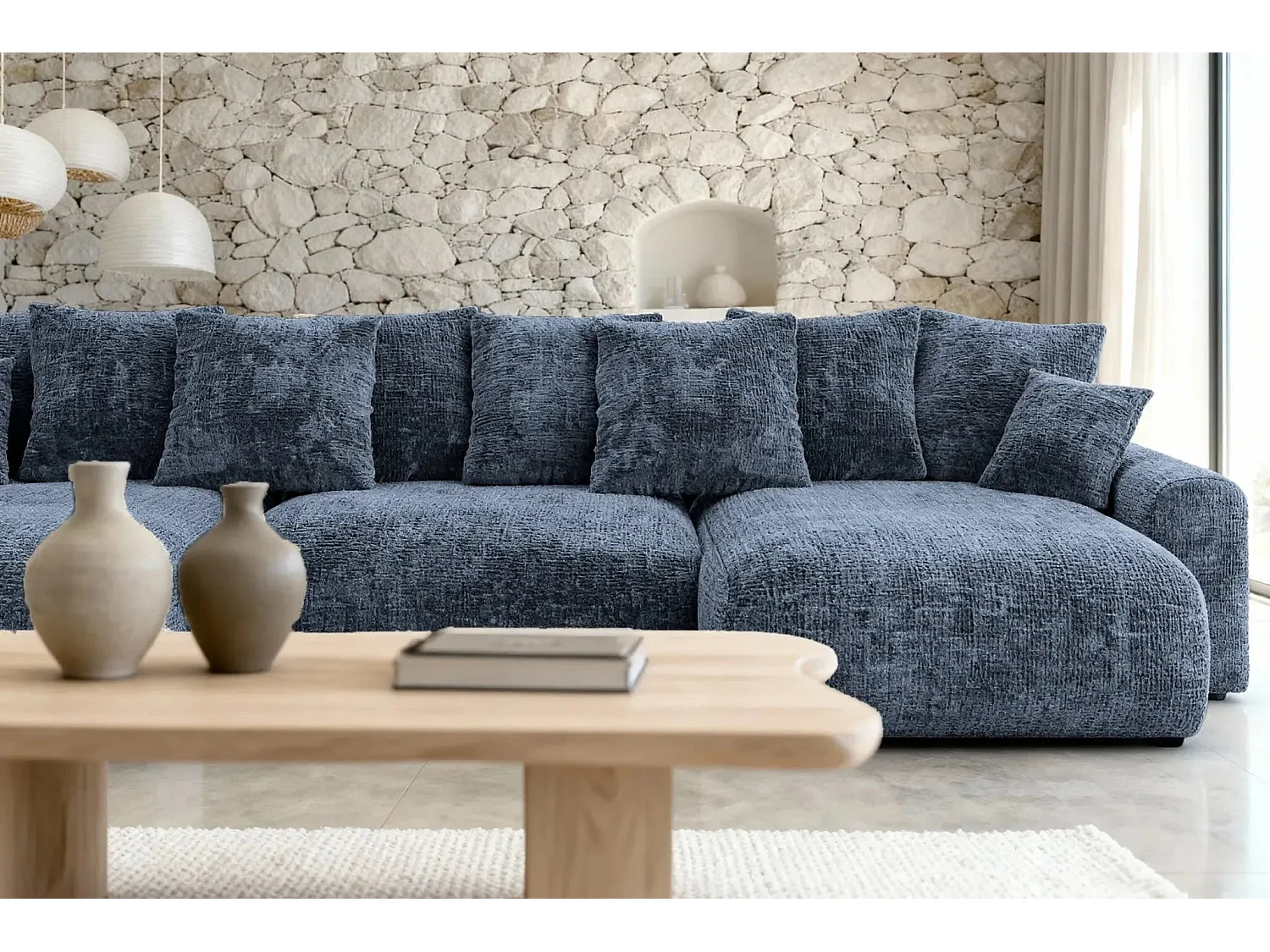 OLI - 5-zits panoramische slaapbank in chenille stof - Blauw