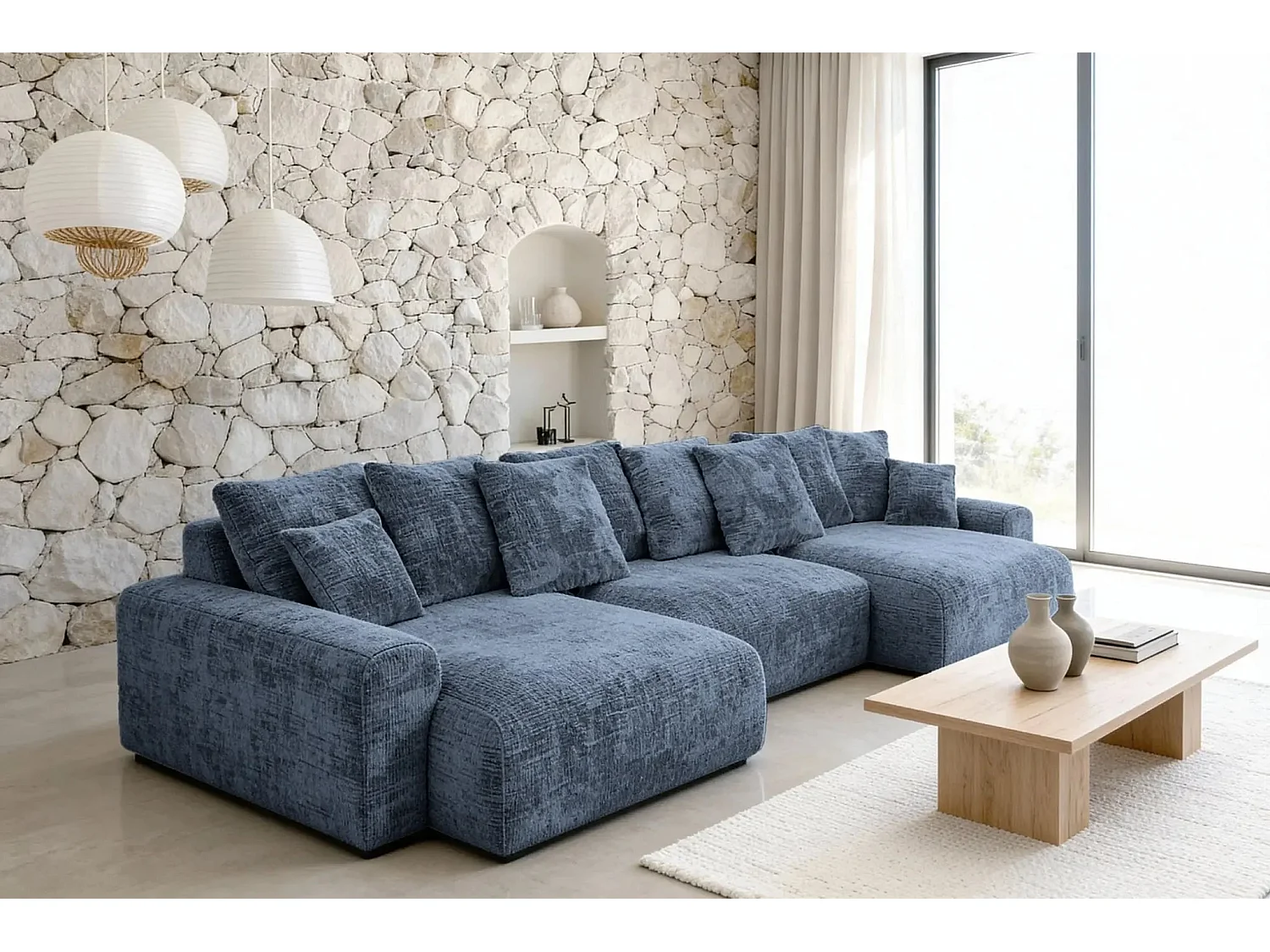 OLI - 5-zits panoramische slaapbank in chenille stof - Blauw