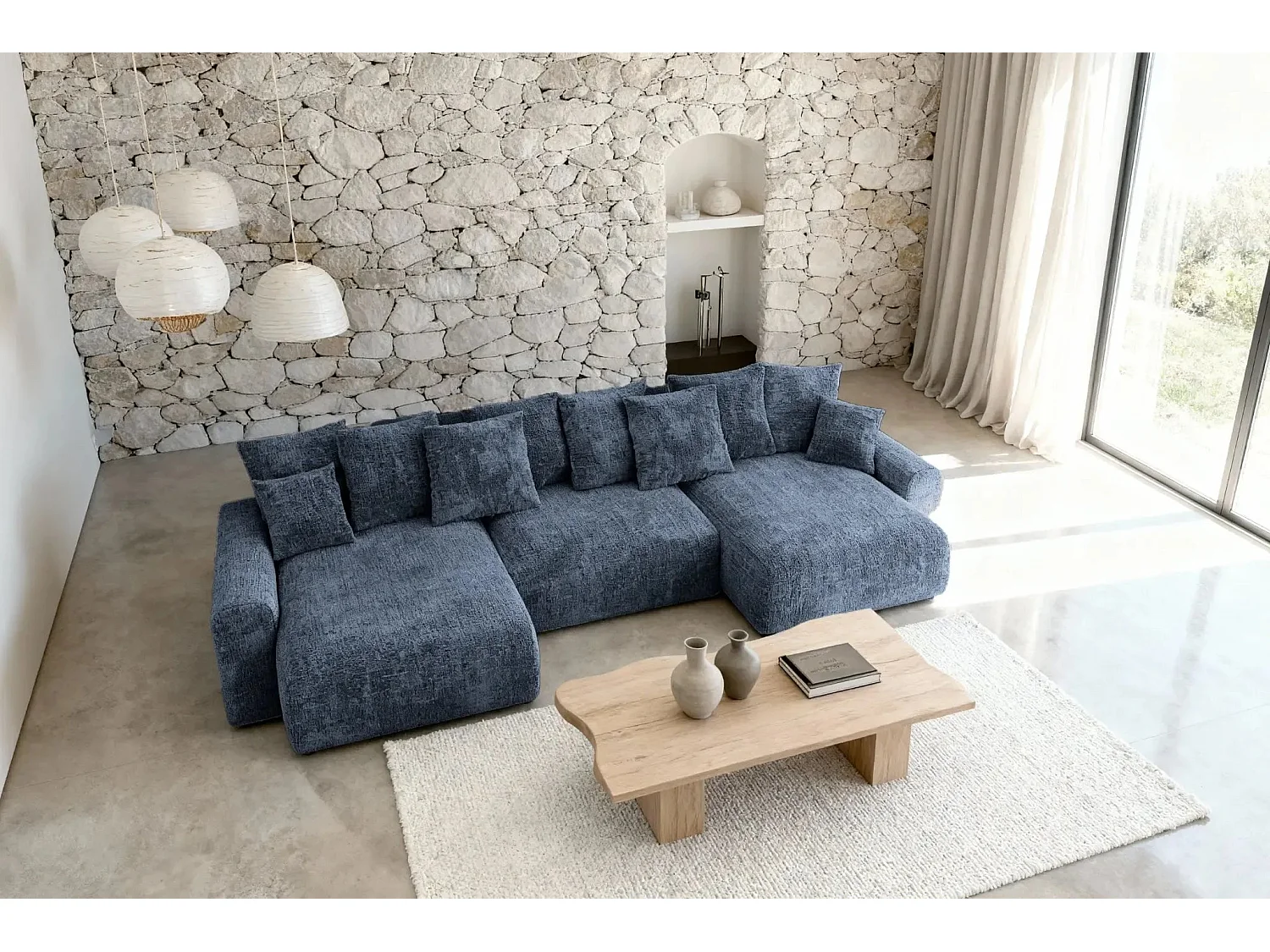 OLI - 5-zits panoramische slaapbank in chenille stof - Blauw